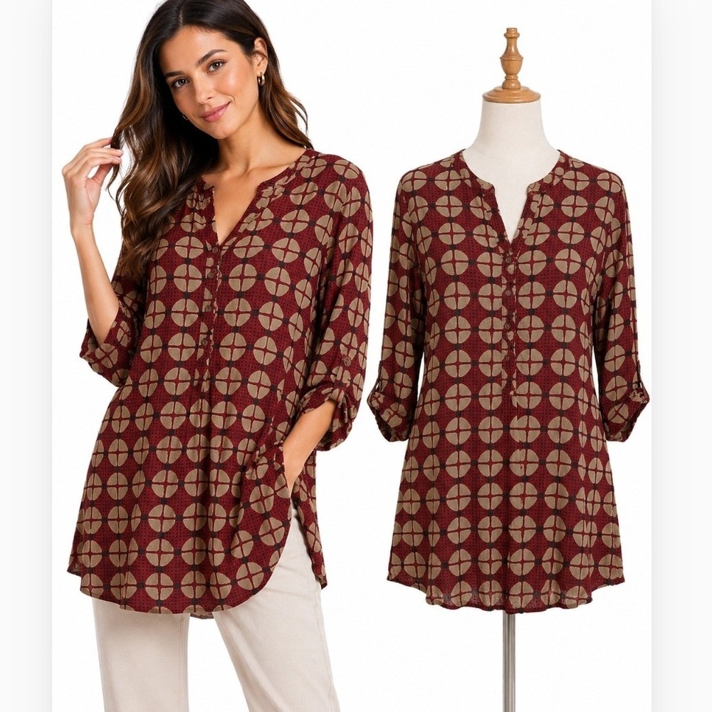Utsa Blouse Womens Large Red Geometric Print 3/4 Sleeve Viscose Tunic Top